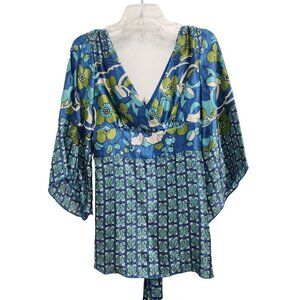 1060 Sherman Womens Floral Kimono Sleeve Top Size Small Blue 100% Silk Surplice